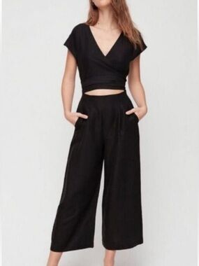 Classic Black Wrap Linen Wide Leg Jumpsuit — Elegant Women’s Dress